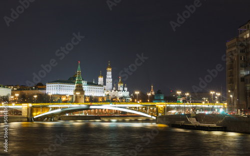 Moscow, Russia. April. Classical poscard view of the Moscow Kremlin  and Bolshoy Kamenny bridge. Night photo