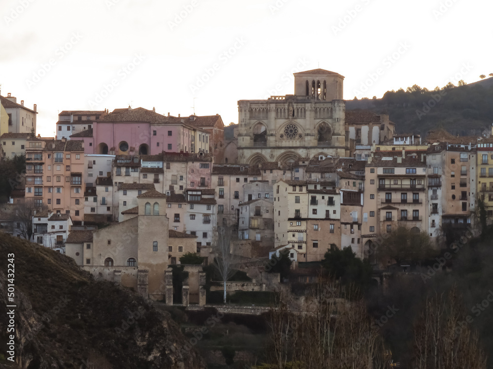 Sunrise view of the old town and cathedral of Cuenca, a city declared a World Heritage Site by Unesco