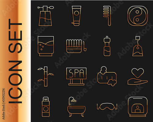 Set line Aroma lamp, Heart on hand, Tea bag, Hairbrush, Sauna bucket ladle, Glass with water, Perfume and Bottle of icon. Vector