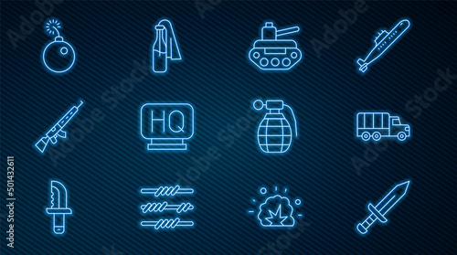 Set line Sword, Military truck, tank, headquarters, Sniper rifle with scope, Bomb ready to explode, Hand grenade and Cocktail molotov icon. Vector