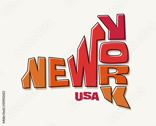State of New York with the name distorted into state shape. Pop art style vector illustration for stickers, t-shirts, posters, social media and print media.