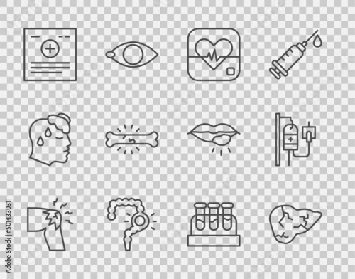 Set line Joint pain, knee pain, Hepatitis virus, Heart rate, Gut constipation, Clinical record, Bone, Test tube with blood and IV bag icon. Vector