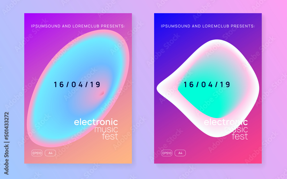 Techno Banner. Fun Sound Flyer. House And Show Design. Graphic Background For Brochure Vector. Indie Effect For Cover. Purple And Turquoise Techno Banner