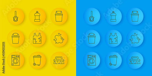 Set line Washer, Trash can, Dirty t-shirt, Brush for cleaning, Water spill, Toilet brush, and Bottle agent icon. Vector