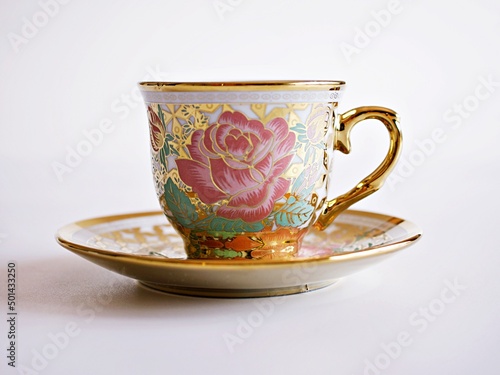 Fototapeta Vintage cup of tea with saucer isolated on white background ,Antique tea cup wit