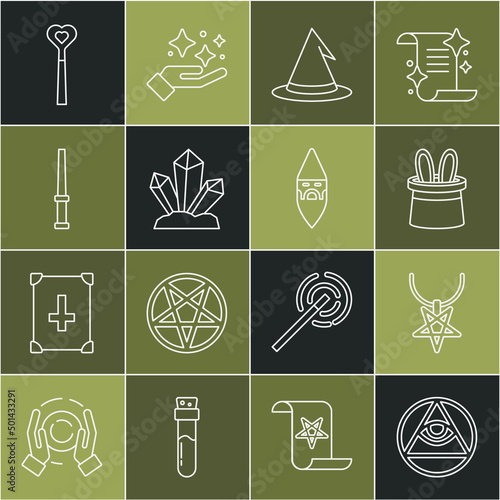 Set line Masons, Pentagram necklace, Magician hat and rabbit ears, Witch, stone, wand, and Wizard warlock icon. Vector