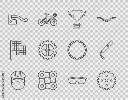 Set line Bicycle helmet, sprocket crank, Award cup with bicycle, chain, brake, Sport cycling sunglasses and air pump icon. Vector