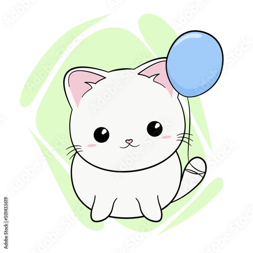 Uroczy biały kot z niebieskim balonem zawiązanym na ogonie. Wektorowa ilustracja urodzinowa.