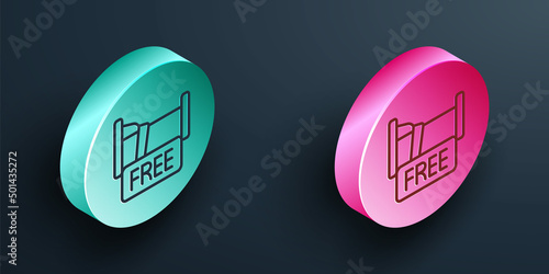 Isometric line Free overnight stay house icon isolated on black background. Turquoise and pink circle button. Vector