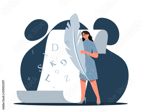 Literature and Writing Hobby concept. Female author holds Feather Pen and writes articles, novels, poems, books and stories on sheet of paper. Creative profession. Cartoon flat vector illustration