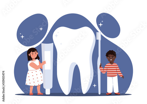 Concept of teeth cleaning. Small smiling boy and girl stand next to large tooth and hold toothpaste and brush. Children conduct oral hygiene and caries prevention. Cartoon flat vector illustration