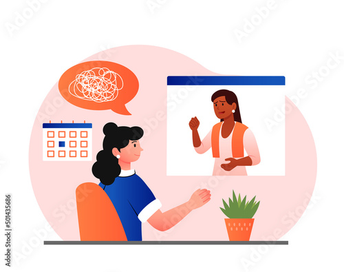 Consultation with psychologist. Confused woman with psychological disorders and mental problems communicates with therapist remotely. Video conference with doctor. Cartoon flat vector illustration