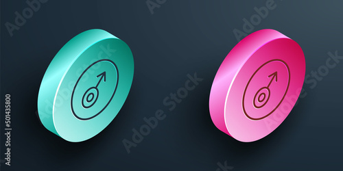 Isometric line Mars symbol icon isolated on black background. Astrology, numerology, horoscope, astronomy. Turquoise and pink circle button. Vector