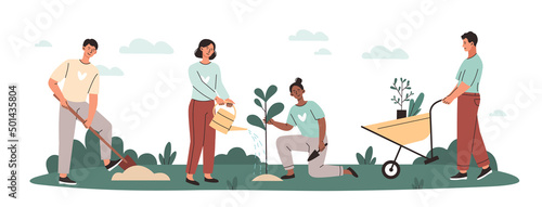 Caring for nature and environment concept. Young volunteers plant trees in city park or forest. Men and women with shovels and watering cans grow plants outdoors. Cartoon flat vector illustration