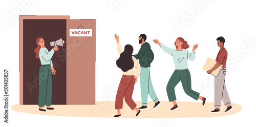 Recruiting and human resources concept. HR department invites candidates for new vacancy. People looking for work and running to open opportunities. Hiring employees. Cartoon flat vector illustration