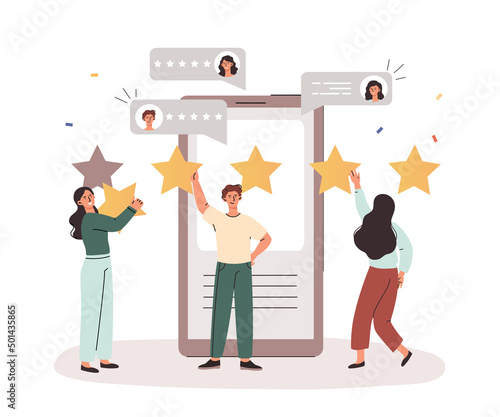Customer Satisfaction Rating concept. Young men and women stand at large smartphone and give five stars. Users leave positive comments, reviews or feedback. Cartoon modern flat vector illustration
