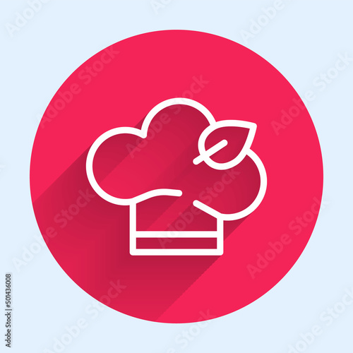 White line Vegan food diet icon isolated with long shadow background. Organic, bio, eco symbol. Vegan, no meat, lactose free, healthy, fresh and nonviolent food. Red circle button. Vector