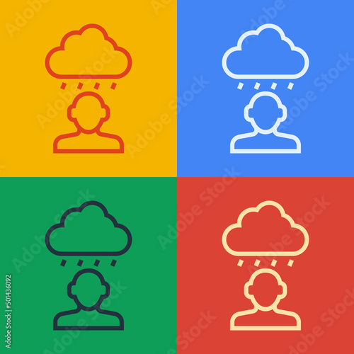 Pop art line Depression and frustration icon isolated on color background. Man in depressive state of mind. Mental health problems. Vector