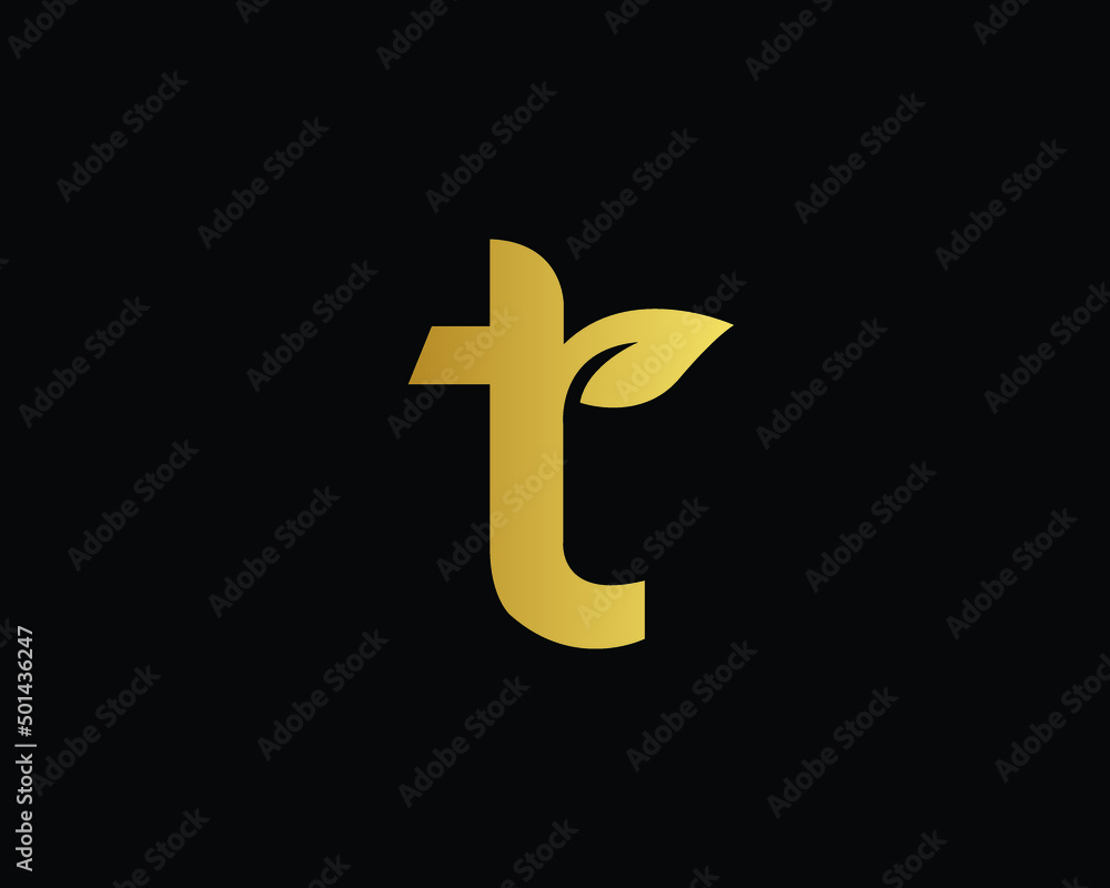 Fototapeta premium Golden Letter T Leaf Logo Design. A Leaf attached to letter T in a minimalist way. T Leaf Monogram.