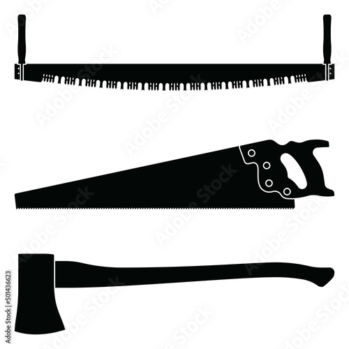 Splitting axe and crosscut saw. Tools for woodworking. Silhouette vector