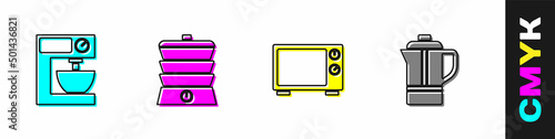 Set Electric mixer, Slow cooker, Microwave oven and Teapot icon. Vector