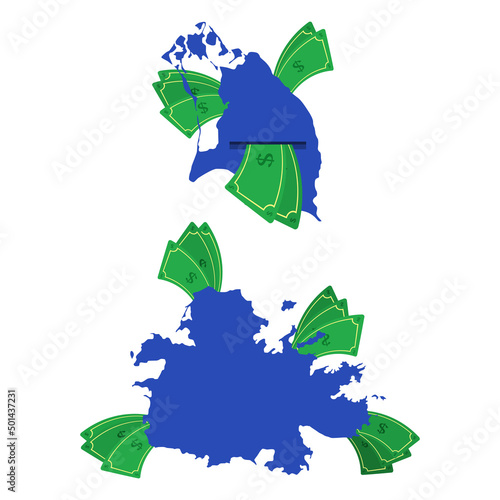 Antigua and Barbuda map in blue with money bills around. Money leaving the center of the country. Economy of Antigua and Barbuda country. White background. Isolated. 