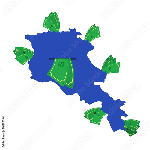 Armenia map in blue with money bills around. Money leaving the center of the country. Economy of armenian country. White background. Isolated. 
