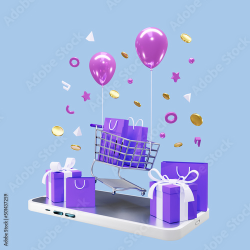 3d render online shopping sale concept with flying shopping chart and balloons