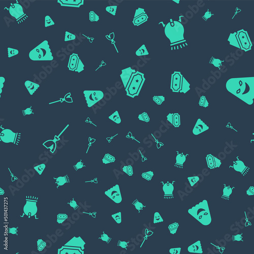 Set Ticket, Witch cauldron, Witches broom and Ghost on seamless pattern. Vector