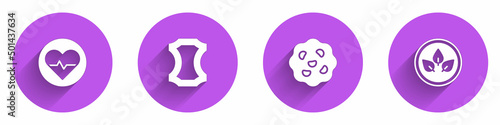 Set Heart rate, Leather, Cookie or biscuit and Vegan food diet icon with long shadow. Vector