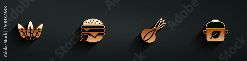 Set Leaf, Vegan food diet, Onion and icon with long shadow. Vector