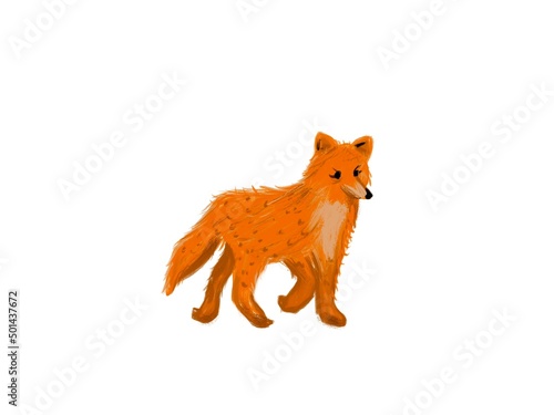 Gouache drawing art cartoon of fox on white background