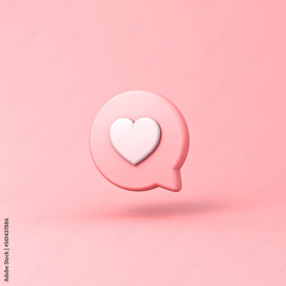 3d love like heart social media notification chat icon on pink pastel color background with shadow minimal conceptual 3D rendering