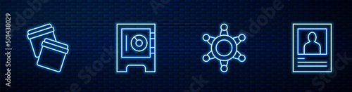 Set line Hexagram sheriff, Plastic bag with ziplock, Safe and Wanted poster. Glowing neon icon on brick wall. Vector