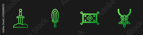 Set line Magic carpet, Sword in the stone, sword fire and Pentagram necklace. Gradient color icons. Vector