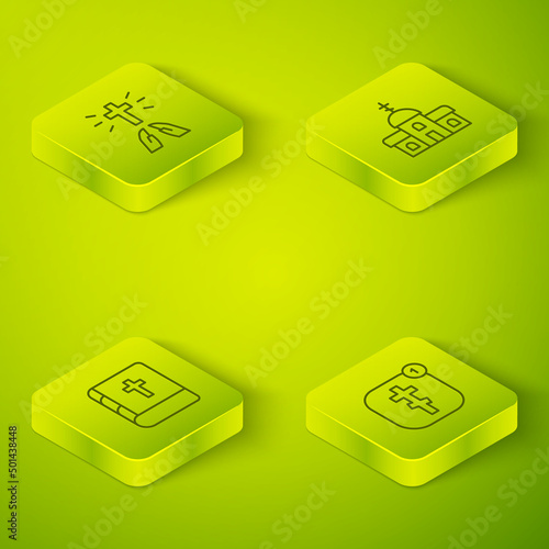 Set Isometric line Church building, Holy bible book, Online church pastor preaching and Hands praying position icon. Vector