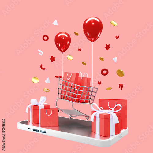 3d render online shopping sale concept with flying shopping chart and balloons