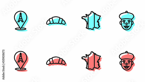 Set line Map of France, Eiffel tower, Croissant and French mime icon. Vector