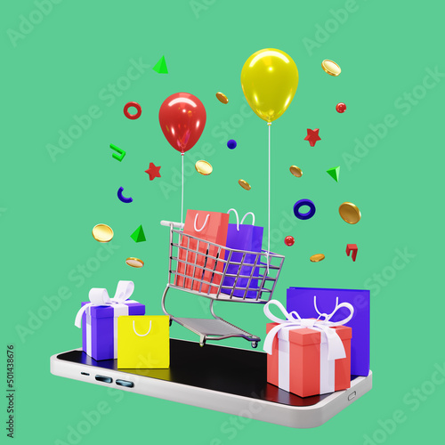 3d render online shopping sale concept with flying shopping chart and balloons