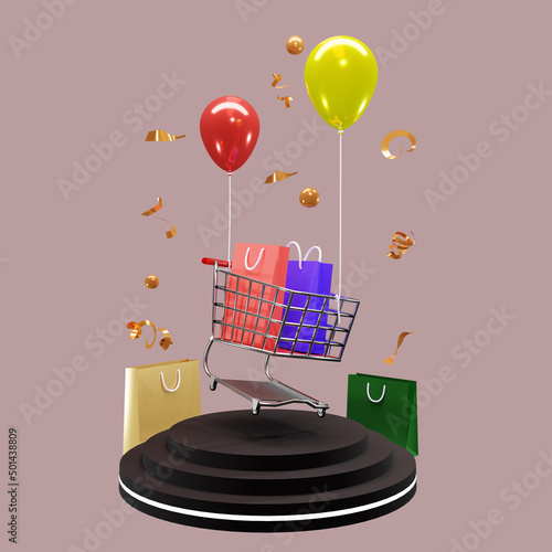 3d rendering of podium with flying shopping chart and balloons