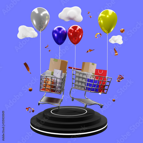 3d rendering of podium with flying shopping chart and balloons
