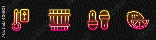 Set line Sauna slippers, thermometer, bucket and Lemon. Glowing neon icon. Vector