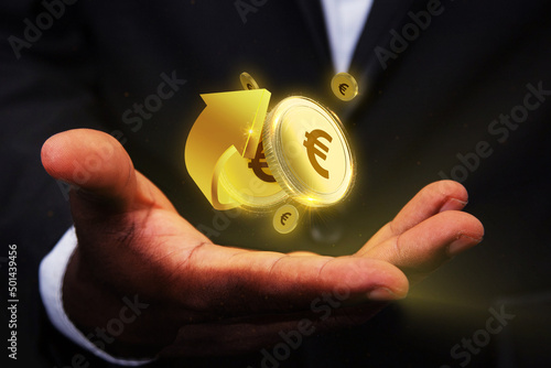 3d rendering of Euro coins concept floating over palm of Business man, Digital currency suspending over hand. hologram in from palm