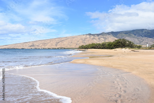 Maui Hawaii beach with wind turbines on hill