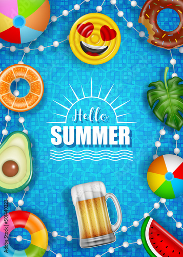 Hello summer poster with colorful inflatables balls, mattresses and rings on pool water background