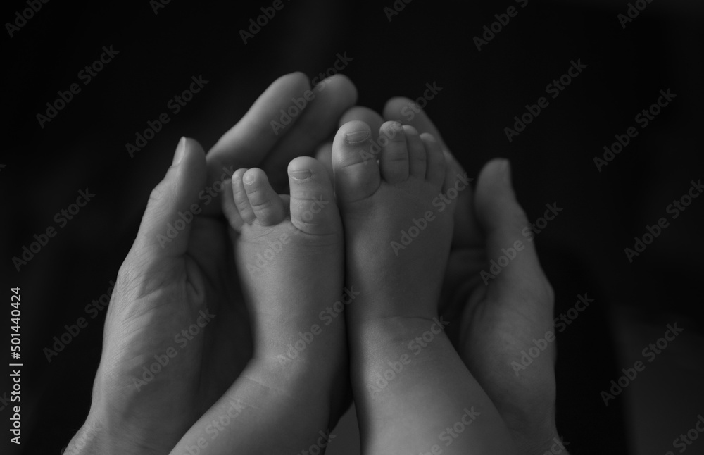 Closeup of hand holding newborn baby little feet. Child care and support concept. Closeup of hand holding newborn baby little feet. Child care and support concept.