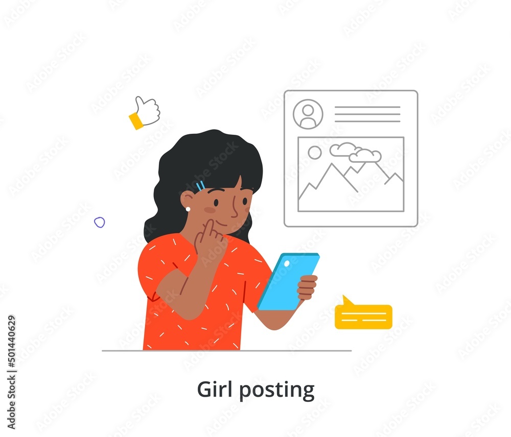 Kid posting and commenting on social network. Little girl holding smartphone posts photo and writes comment. Online communication and global network. Cartoon flat vector illustration in doodle style Kid posting and commenting on social network. Little girl holding smartphone posts photo and writes comment. Online communication and global network. Cartoon flat vector illustration in doodle style