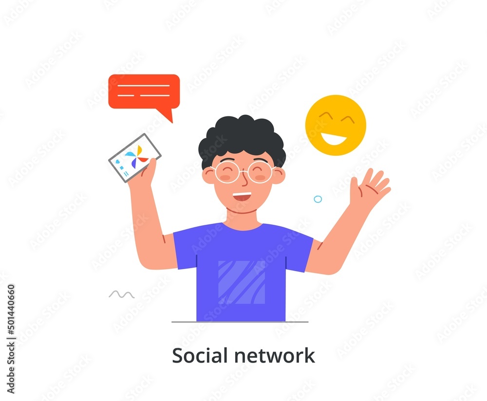 Kid posting and commenting on social network. Boy holding smartphone, watching entertainment content and smiling. Happy child communicates online. Cartoon flat vector illustration in doodle style Kid posting and commenting on social network. Boy holding smartphone, watching entertainment content and smiling. Happy child communicates online. Cartoon flat vector illustration in doodle style