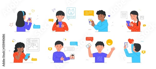 Kids posting and commenting on social network. Little boys and girls with smartphones in their hands post photos, share opinions and like. Cartoon flat vector collection isolated on white background