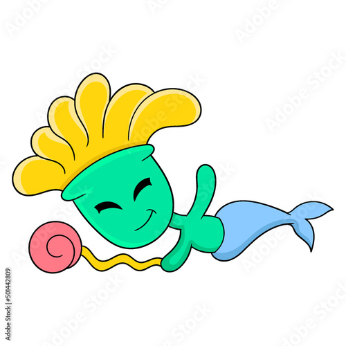 fish monster is swimming carrying lollipop, doodle icon image kawaii